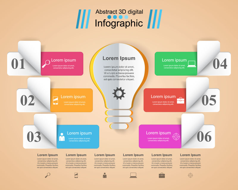 电灯形三维信息图表矢量设计模板