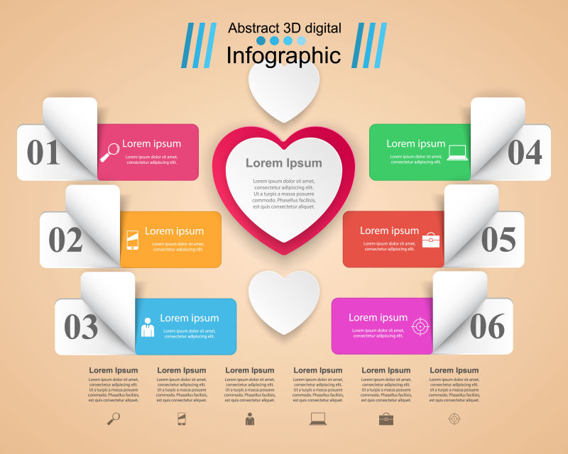 心型图案的3D商业信息图表矢量设计模板