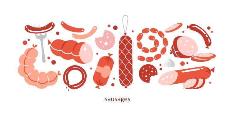 不同样式的新鲜烤肠矢量插画