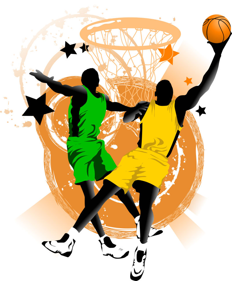 穿三种颜色衣服的篮球运动员剪影矢量插图