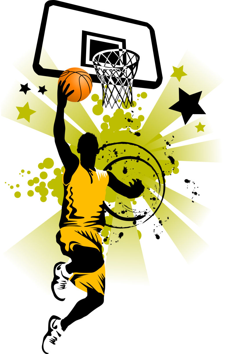 穿三种颜色衣服的篮球运动员剪影矢量插图