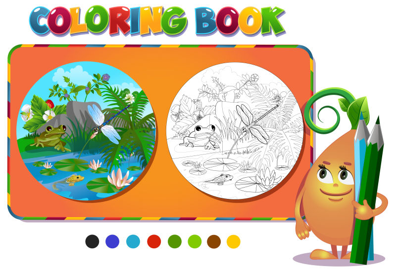 矢量卡通森林中的昆虫蜻蜓填色本