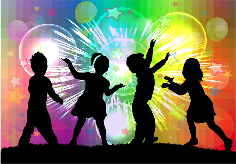 彩色背景下的儿童剪影矢量