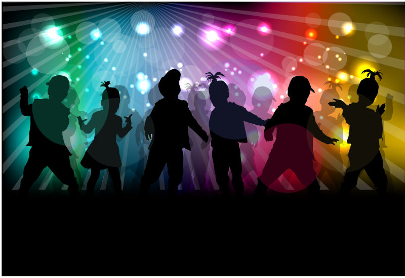 七彩灯光下的儿童矢量剪影