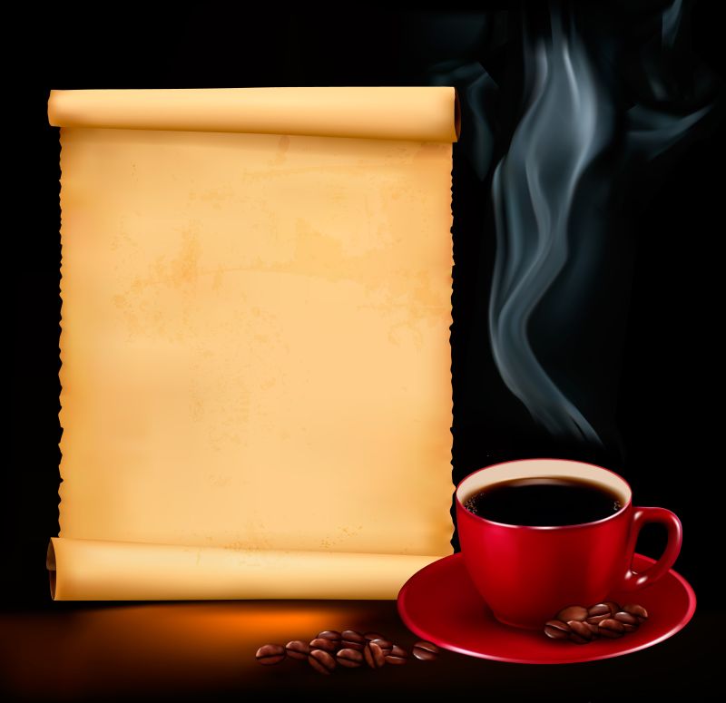 咖啡杯和旧牛皮纸矢量背景