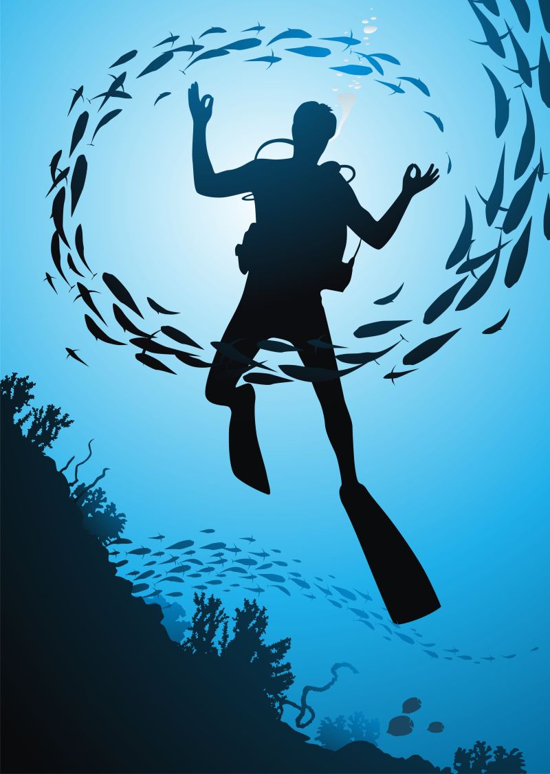 水下的潜水员矢量插画