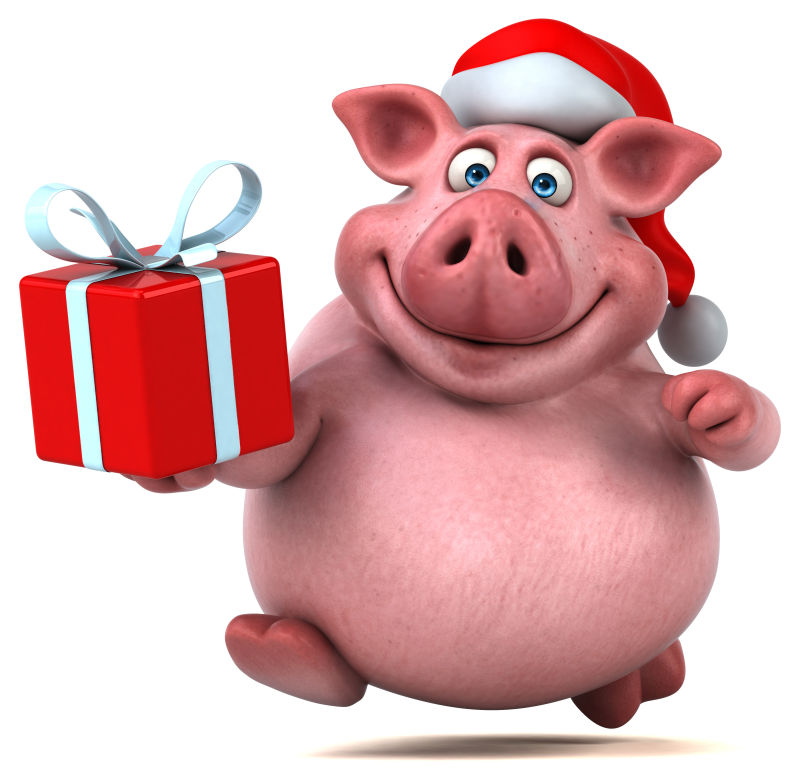 戴圣诞帽的粉红色卡通猪
