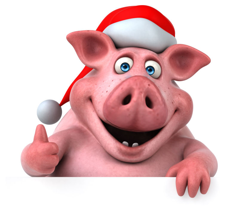 微笑的戴圣诞帽的卡通猪