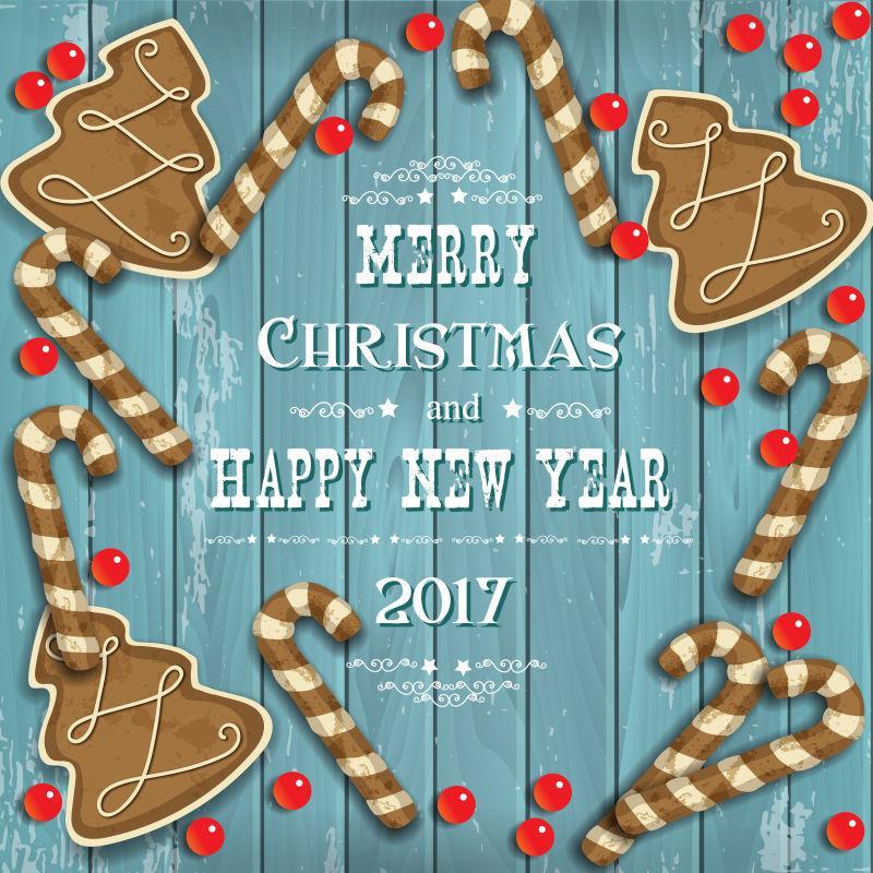 在蓝色木制版上的节日的姜饼和问候铭文