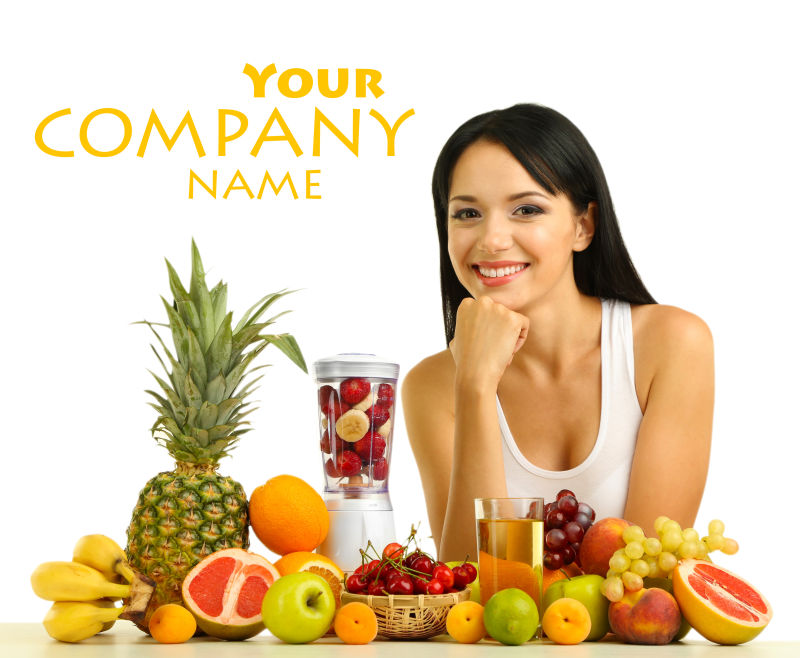 白色背景下的新鲜水果和美女