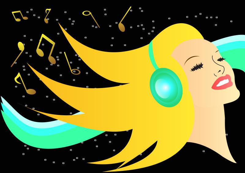 性感的黄发女性戴音频耳机