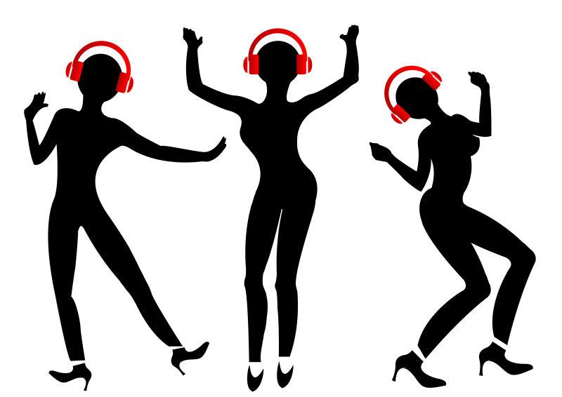 白色背景中戴耳机的插画美女