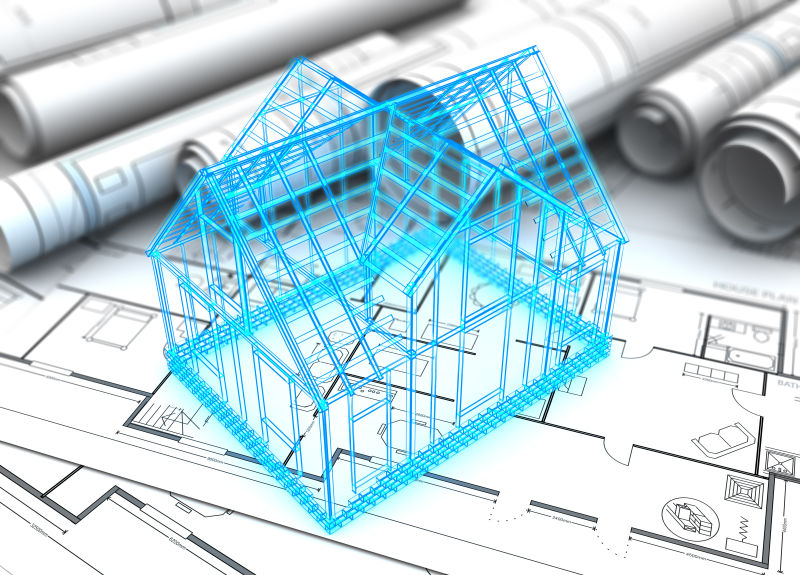 房屋蓝图和线框模型的三维图解