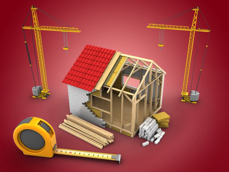 红色背景下起重机和房屋施工框架的三维图解