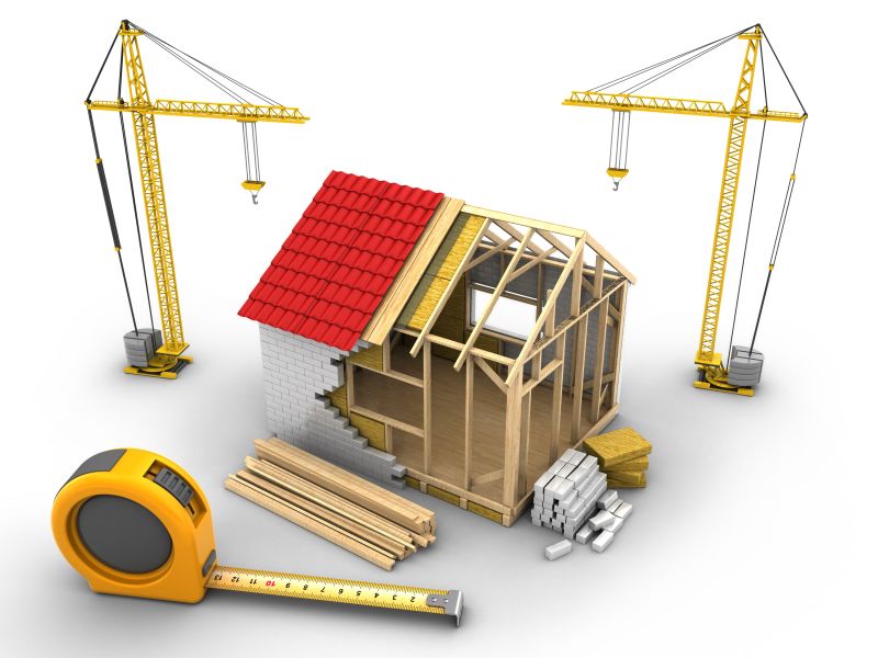 白色背景下起重机和房屋施工框架的三维图解