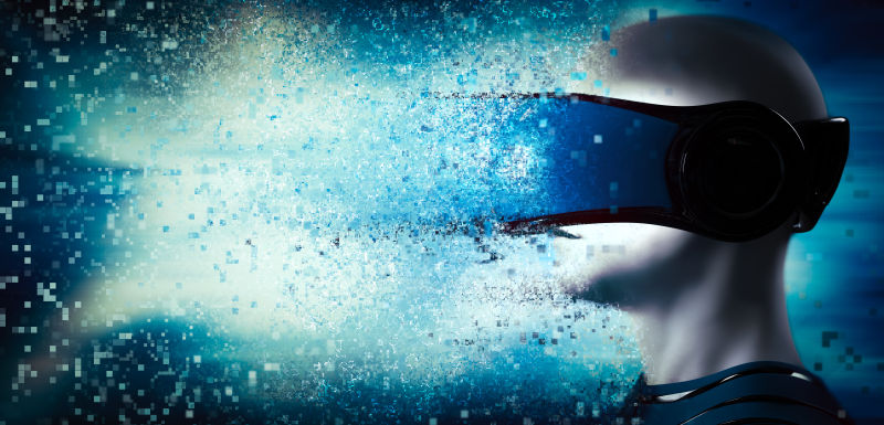 进入虚拟现实世界中戴眼镜的男人