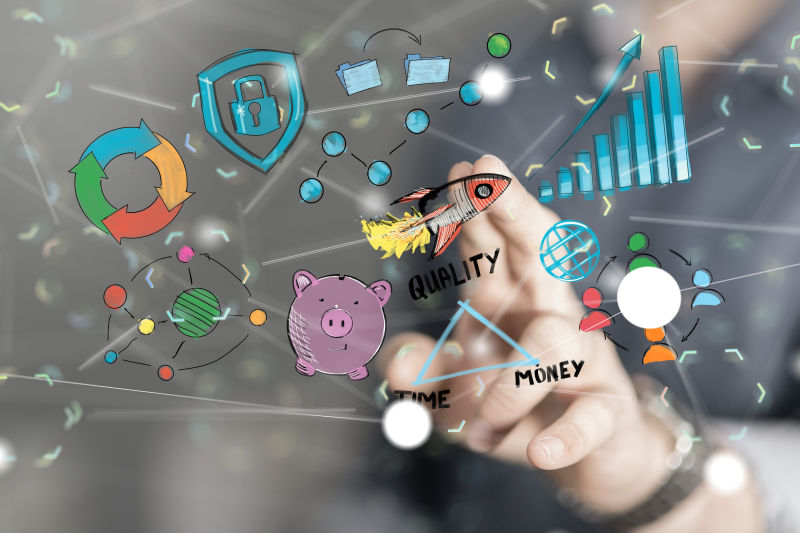 用手触摸虚拟屏幕上数据图表和各种卡通图标