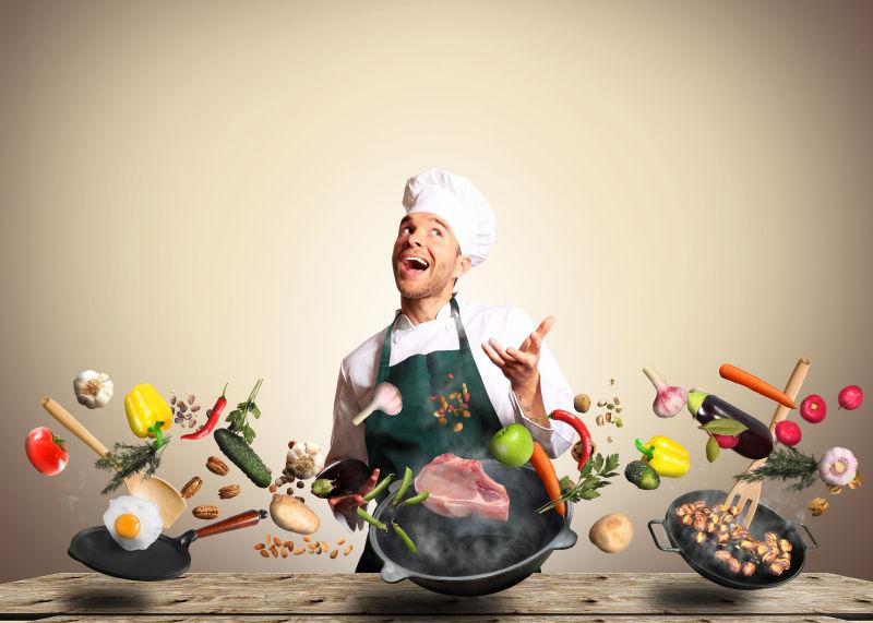 厨师摆弄蔬菜和烹饪其他食物