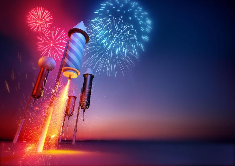 向着夜空发射焰火火箭瞬间摄影