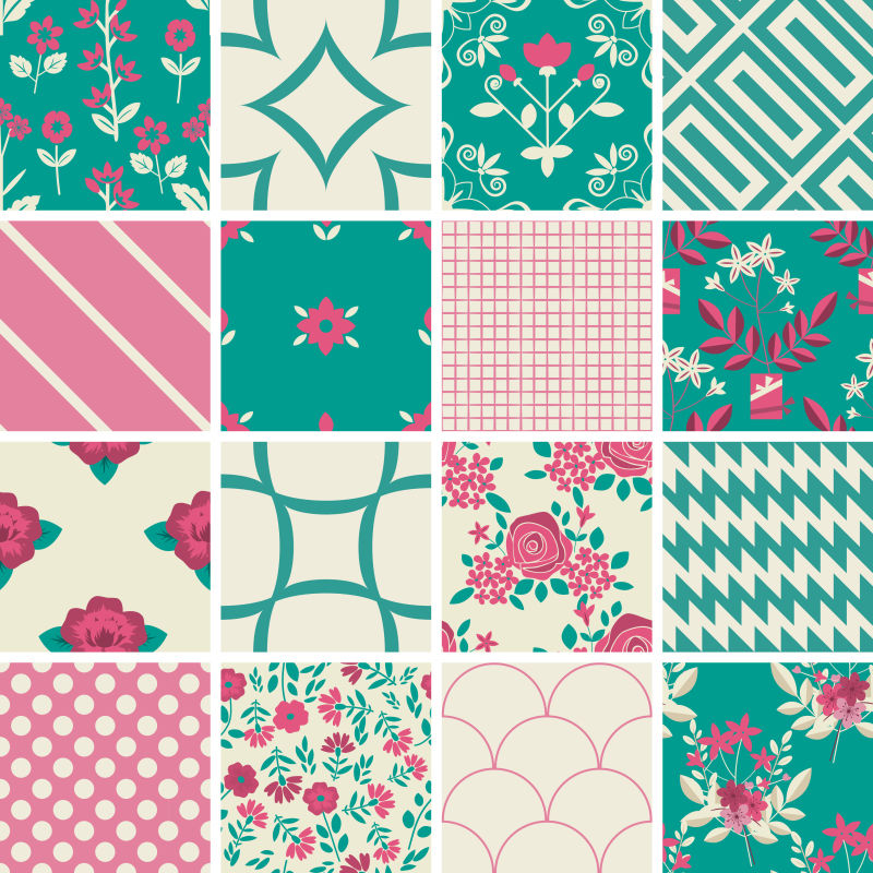 矢量花和几何装饰拼贴背景