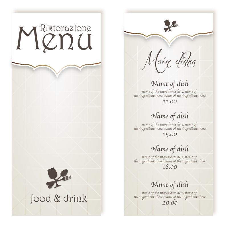 复古简约风格的矢量西方餐厅菜单
