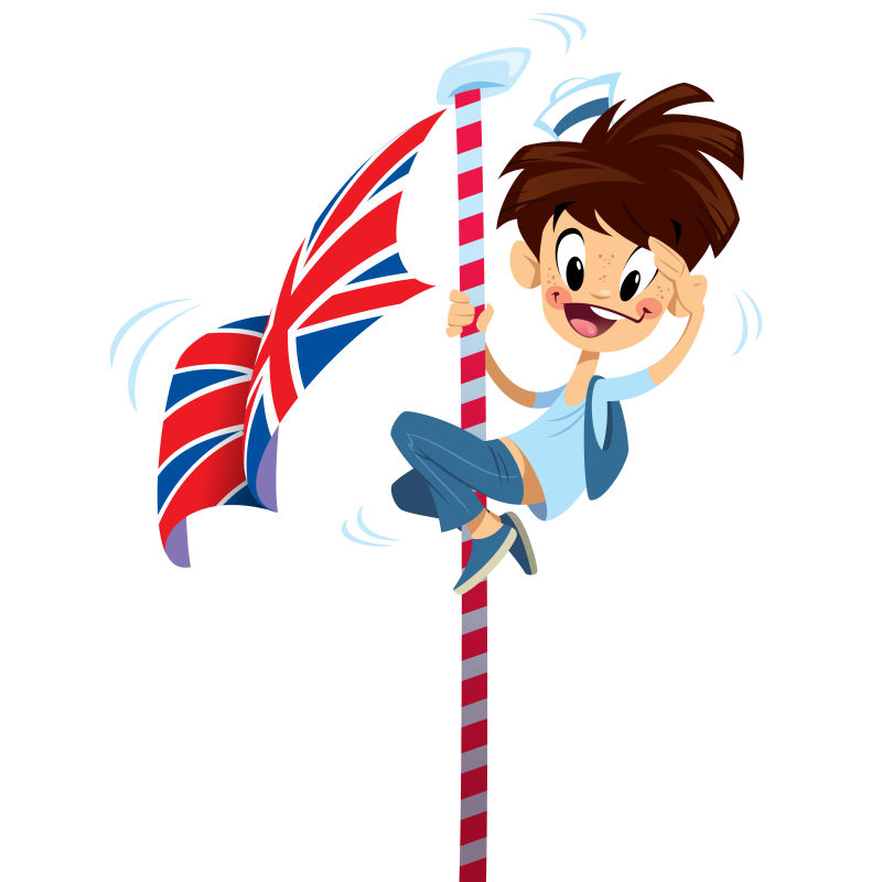 爬上英国旗杆的男孩矢量卡通插画