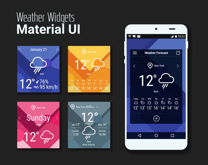 智能手机天气小部件UI矢量设计