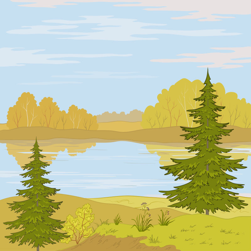 秋季的森林河边矢量插图背景