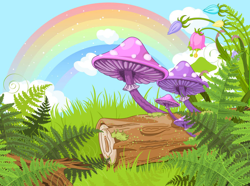 卡通紫色蘑菇的奇幻森林矢量插图背景