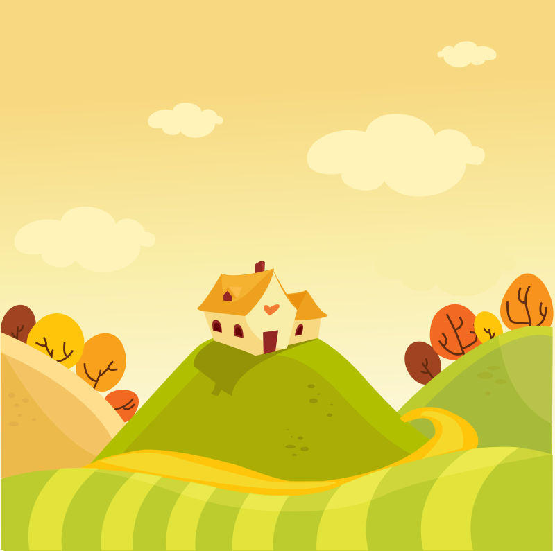 秋季山峰上的小木屋矢量插图背景