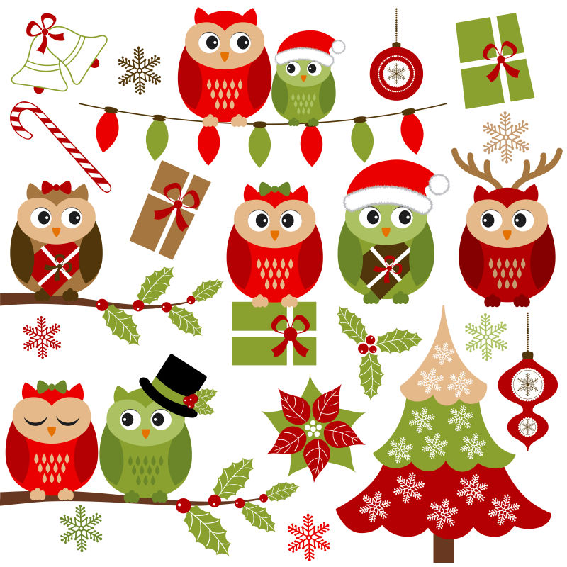 圣诞主题的矢量卡通猫头鹰