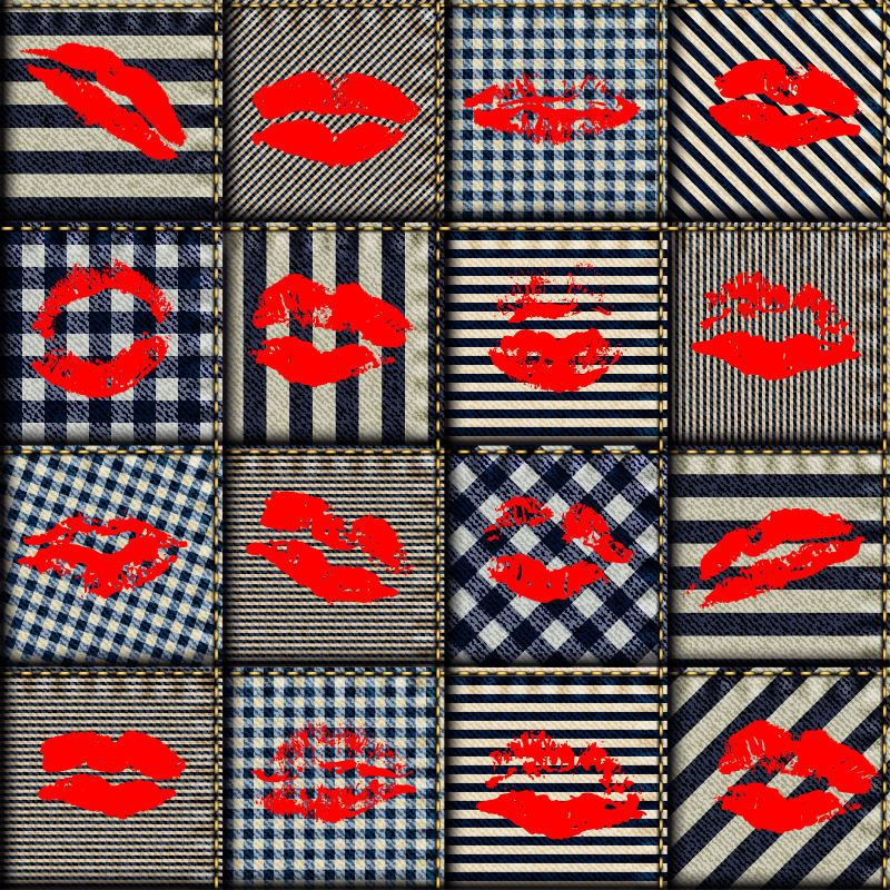 有亲吻印记的矢量条纹牛仔布图案背景