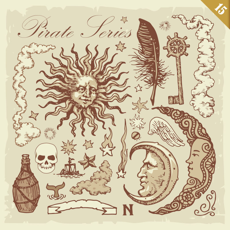 复古老式海盗风格插图元素矢量插图