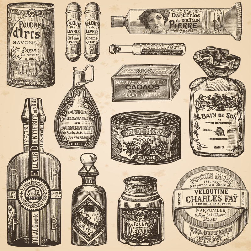 复古风格的化妆品手绘风格插画