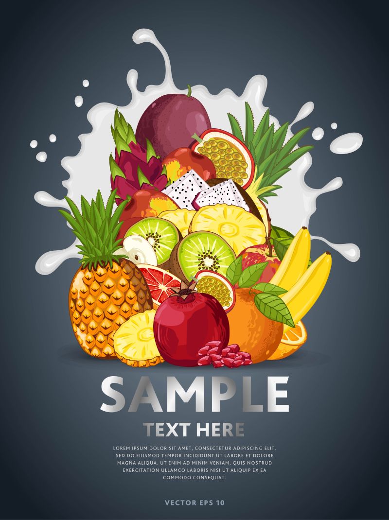 牛奶浇在水果上的矢量图案背景