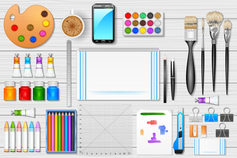 木桌上的矢量绘图工具图标背景