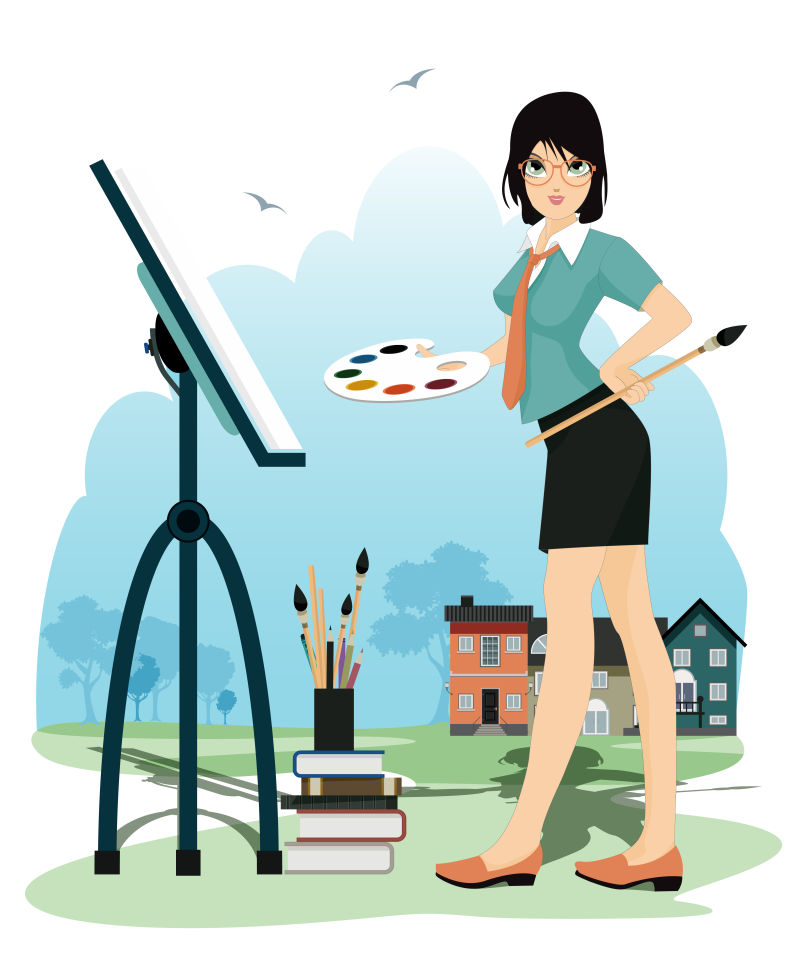 矢量画画的女人创意插图背景