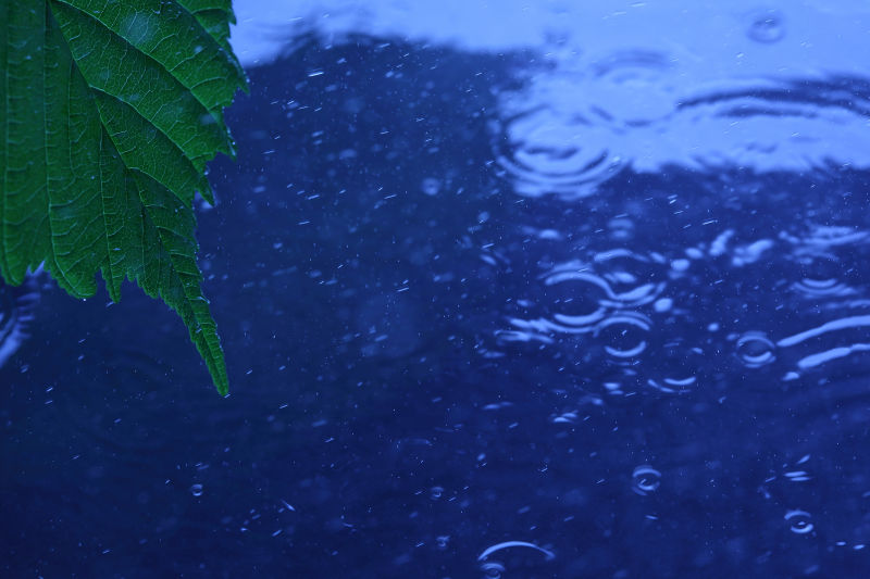 下雨天滴在藍色水面上的雨滴