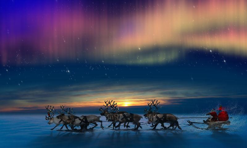 圣诞老人驾驶着自己的驯鹿在雪地里飞驰