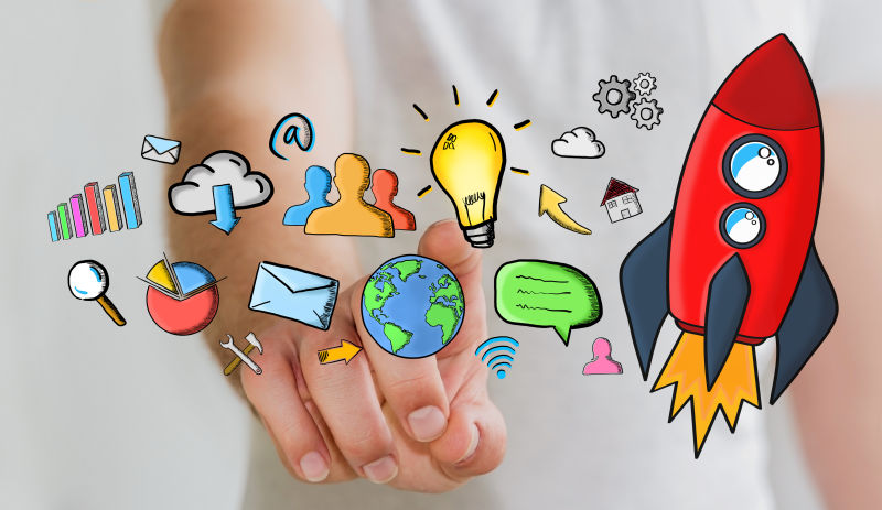 手触摸红色手绘火箭的商人