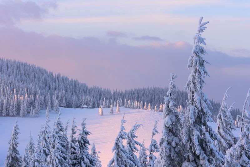 夕阳西下的冬季山上