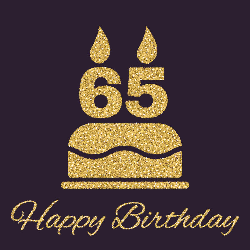 65岁蜡烛的生日蛋糕矢量插图