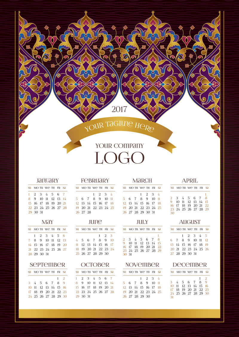 矢量的复古花纹日历