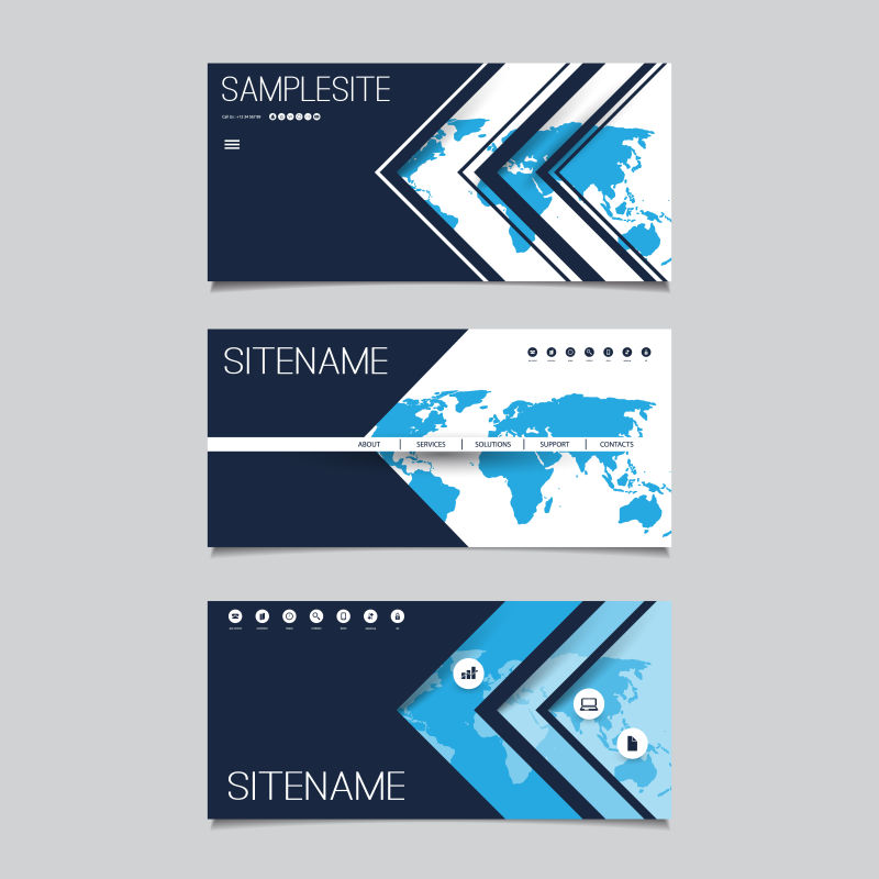 蓝色世界地图图案的矢量网页标题栏设计