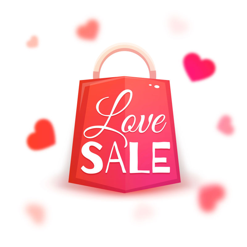 红色心型背景下的矢量粉丝购物袋