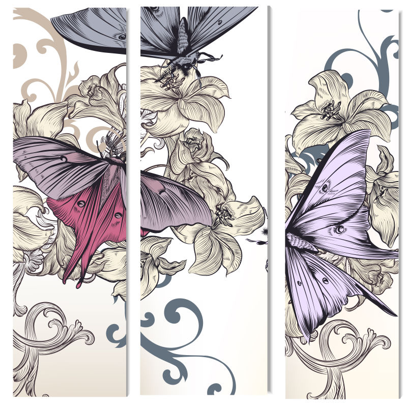 手绘的花蝶和蝴蝶花矢量背景