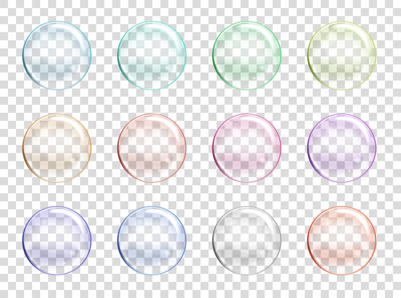 透明背景上的彩色矢量肥皂水泡