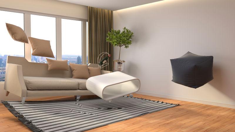 无重力家具在客厅里盘旋