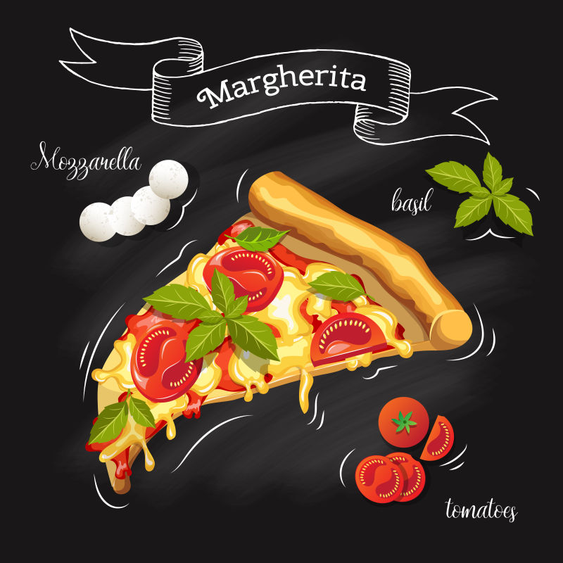 黑色背景下的披萨和披萨原料矢量插图