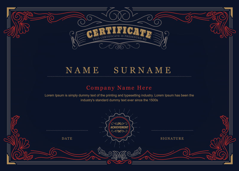 红色边框的黑色证书矢量设计